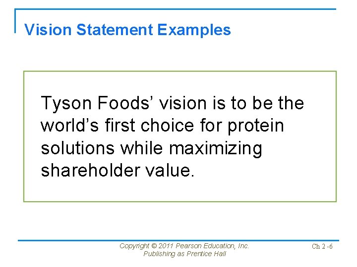 Vision Statement Examples Tyson Foods’ vision is to be the world’s first choice for