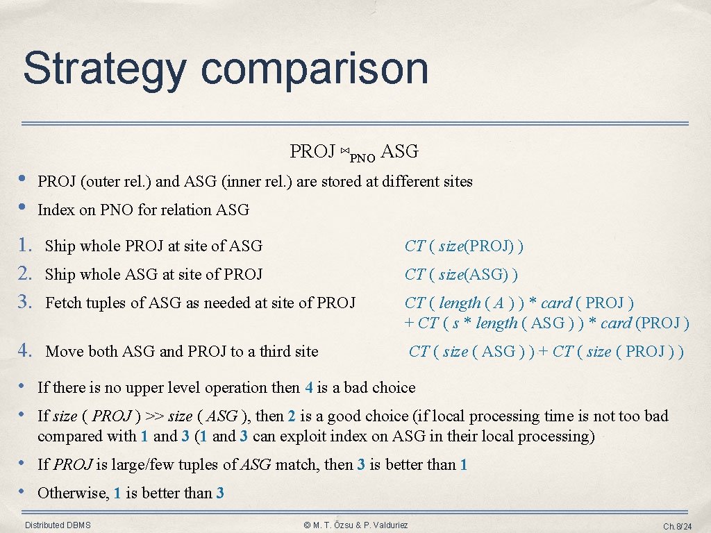 Strategy comparison • • PROJ ⋈PNO ASG PROJ (outer rel. ) and ASG (inner