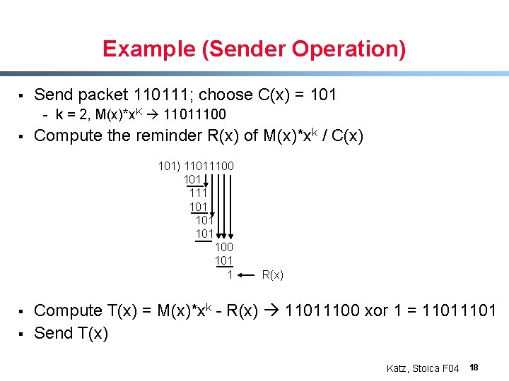 Example (Sender Operation) § Send packet 110111; choose C(x) = 101 - k =