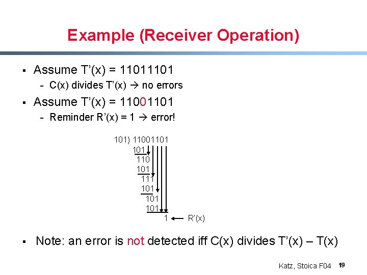 Example (Receiver Operation) § Assume T’(x) = 1101 - C(x) divides T’(x) no errors