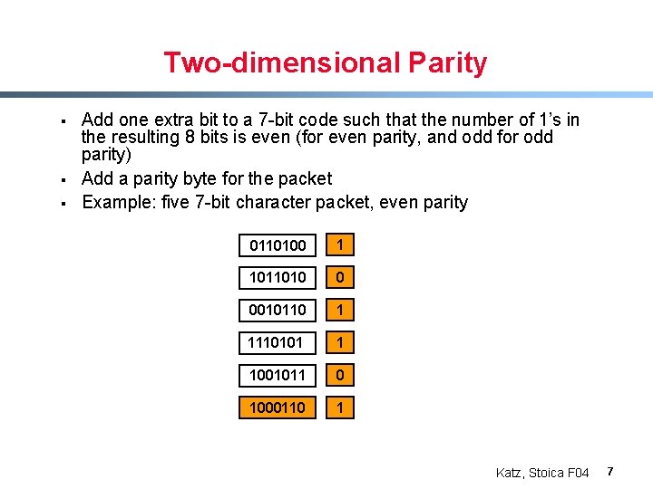 Two-dimensional Parity § § § Add one extra bit to a 7 -bit code