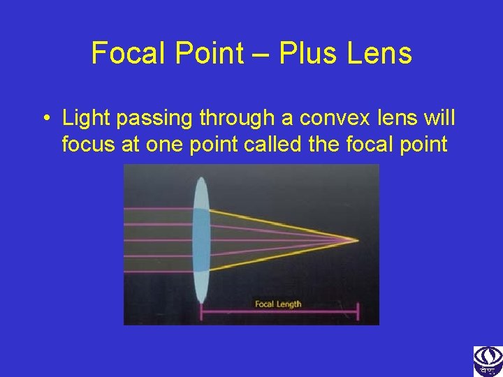 Focal Point – Plus Lens • Light passing through a convex lens will focus