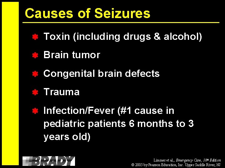 Causes of Seizures Toxin (including drugs & alcohol) Brain tumor Congenital brain defects Trauma