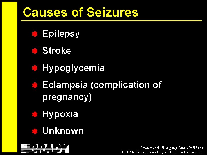 Causes of Seizures Epilepsy Stroke Hypoglycemia Eclampsia (complication of pregnancy) Hypoxia Unknown Limmer et