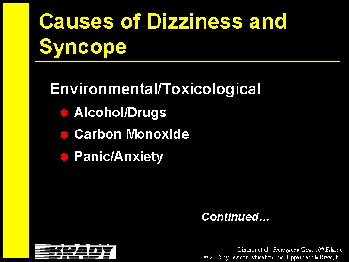 Causes of Dizziness and Syncope Environmental/Toxicological Alcohol/Drugs Carbon Monoxide Panic/Anxiety Continued… Limmer et al.