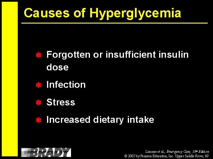 Causes of Hyperglycemia Forgotten or insufficient insulin dose Infection Stress Increased dietary intake Limmer