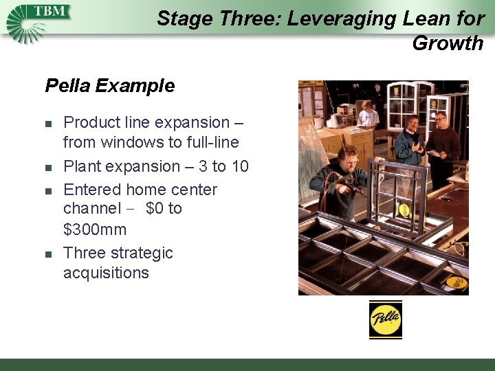 Stage Three: Leveraging Lean for Growth Pella Example n n Product line expansion –