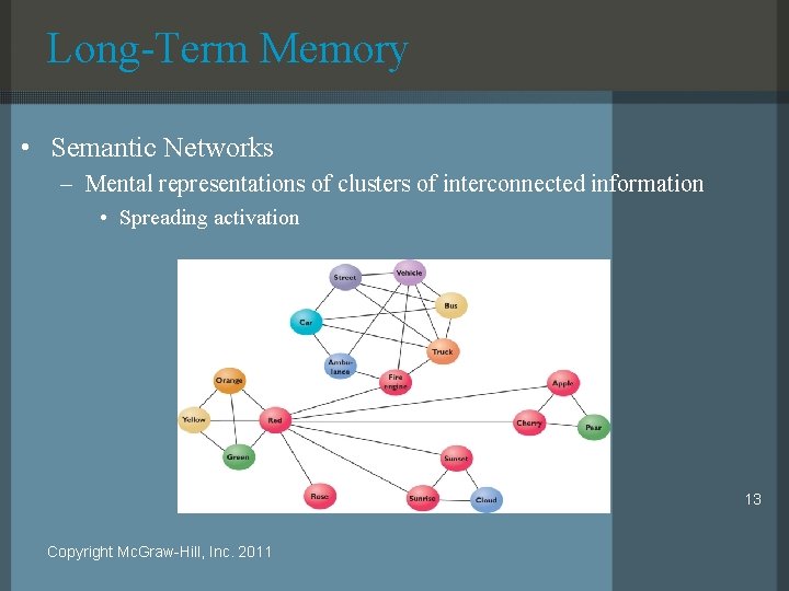 Long-Term Memory • Semantic Networks – Mental representations of clusters of interconnected information •