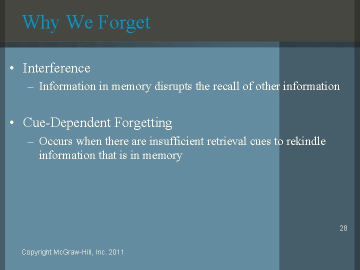 Why We Forget • Interference – Information in memory disrupts the recall of other