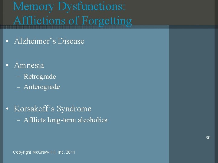 Memory Dysfunctions: Afflictions of Forgetting • Alzheimer’s Disease • Amnesia – Retrograde – Anterograde