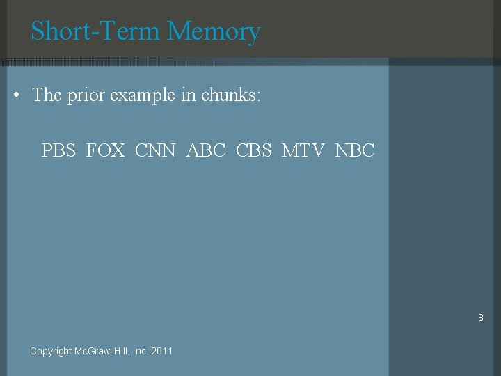 Short-Term Memory • The prior example in chunks: PBS FOX CNN ABC CBS MTV