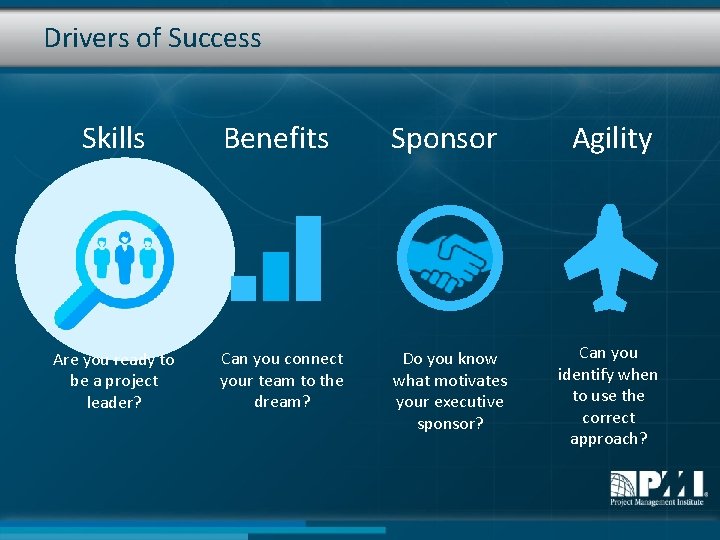 Drivers of Success Skills Are you ready to be a project leader? Benefits Sponsor