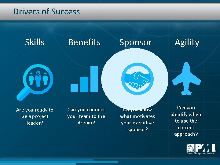 Drivers of Success Skills Are you ready to be a project leader? Benefits Sponsor