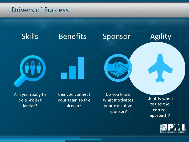 Drivers of Success Skills Are you ready to be a project leader? Benefits Sponsor