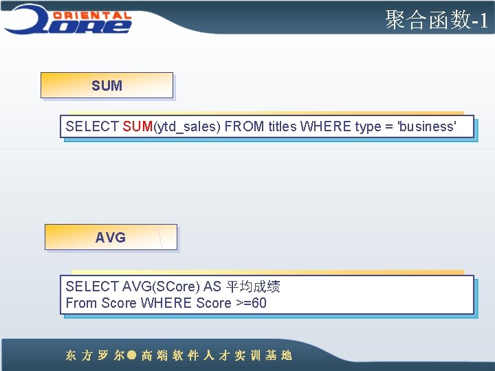 聚合函数-1 SUM SELECT SUM(ytd_sales) FROM titles WHERE type = 'business' AVG SELECT AVG(SCore) AS