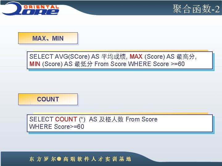 聚合函数-2 MAX、MIN SELECT AVG(SCore) AS 平均成绩, MAX (Score) AS 最高分, MIN (Score) AS 最低分