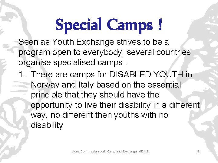 Special Camps ! Seen as Youth Exchange strives to be a program open to