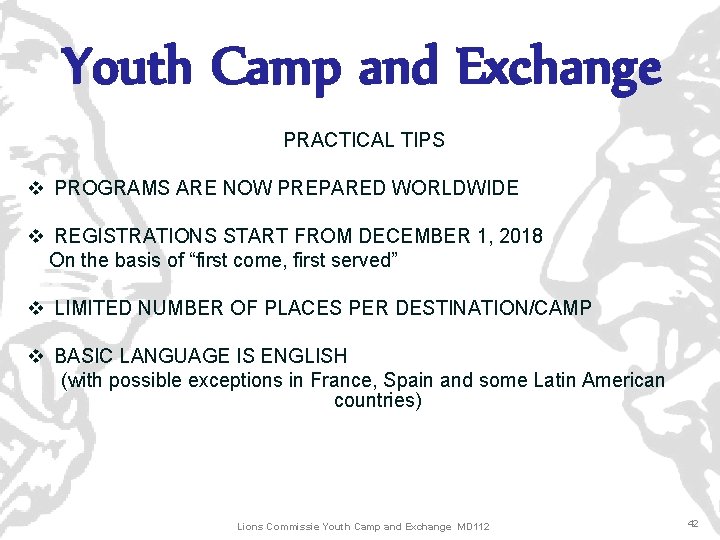 Youth Camp and Exchange PRACTICAL TIPS v PROGRAMS ARE NOW PREPARED WORLDWIDE v REGISTRATIONS