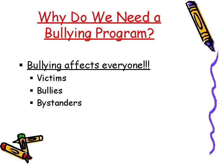 Why Do We Need a Bullying Program? § Bullying affects everyone!!! § Victims §