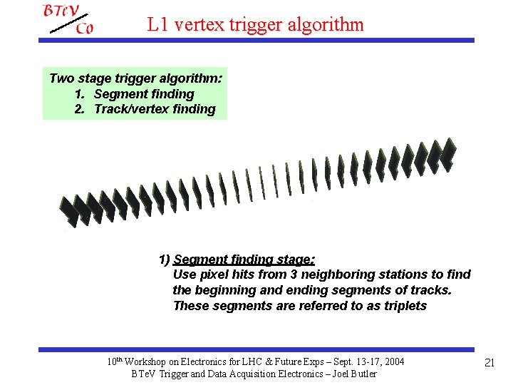 L 1 vertex trigger algorithm Two stage trigger algorithm: 1. Segment finding 2. Track/vertex