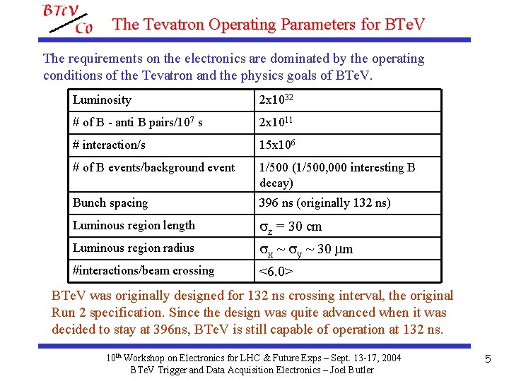 The Tevatron Operating Parameters for BTe. V The requirements on the electronics are dominated