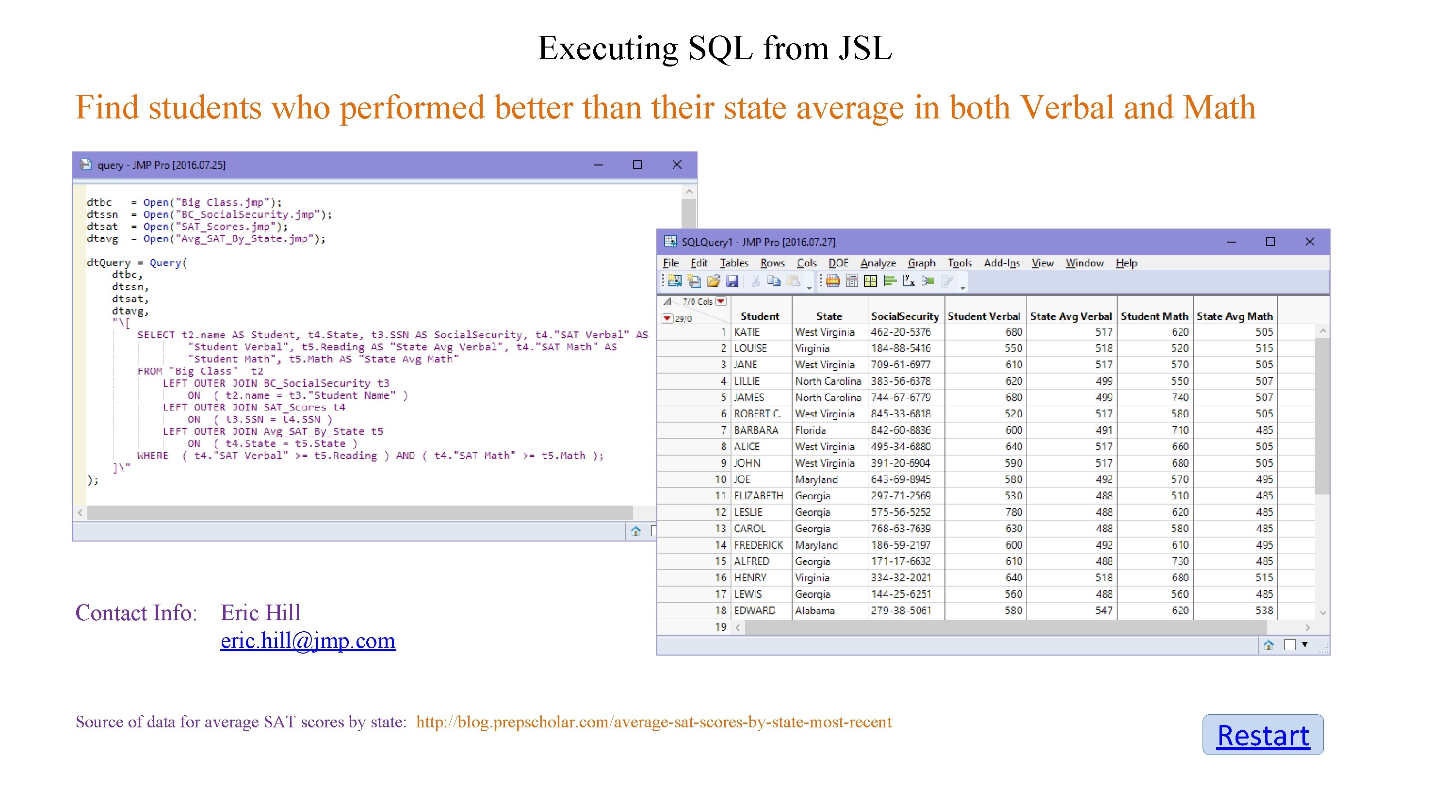 Executing SQL from JSL Find students who performed better than their state average in