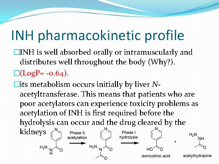 INH pharmacokinetic profile �INH is well absorbed orally or intramuscularly and distributes well throughout