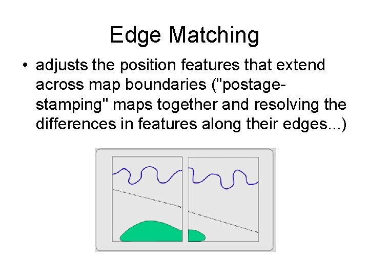 Edge Matching • adjusts the position features that extend across map boundaries ("postagestamping" maps