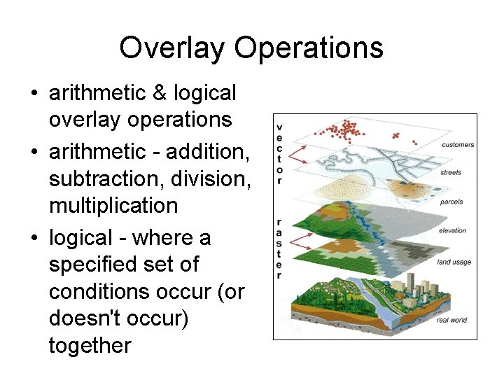 Overlay Operations • arithmetic & logical overlay operations • arithmetic - addition, subtraction, division,