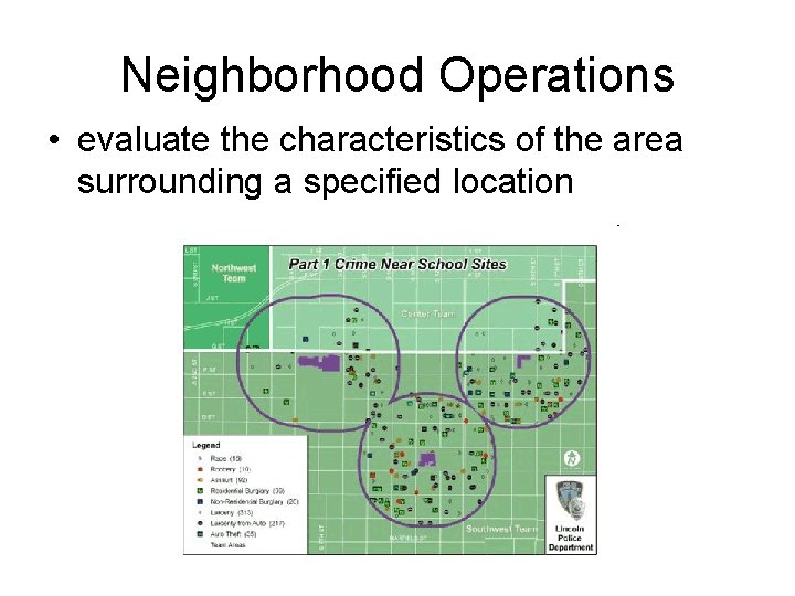 Neighborhood Operations • evaluate the characteristics of the area surrounding a specified location 