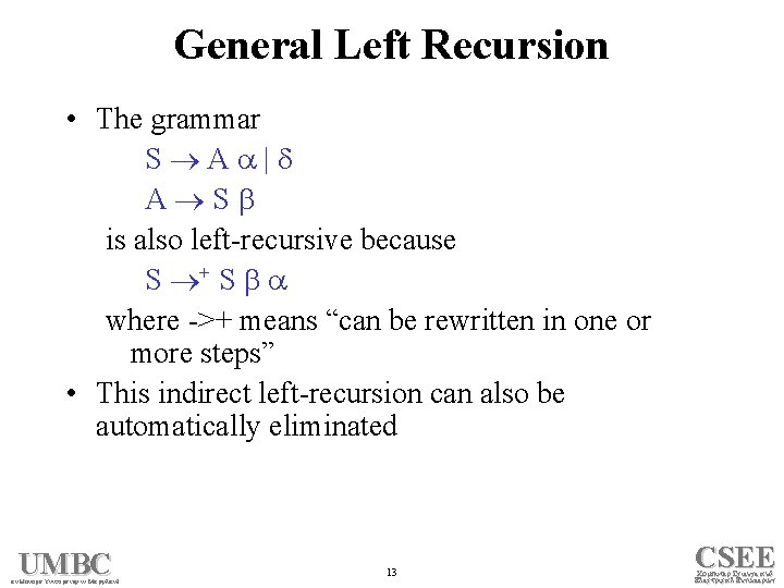 General Left Recursion • The grammar S A | A S is also left-recursive