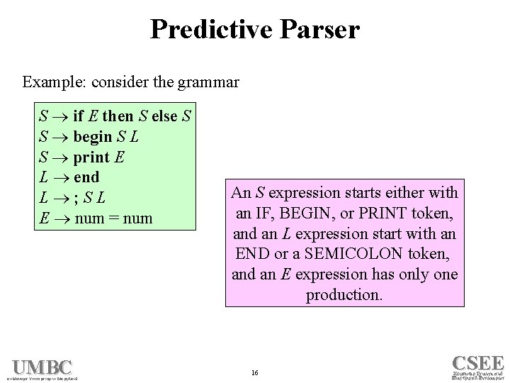 Predictive Parser Example: consider the grammar S if E then S else S S