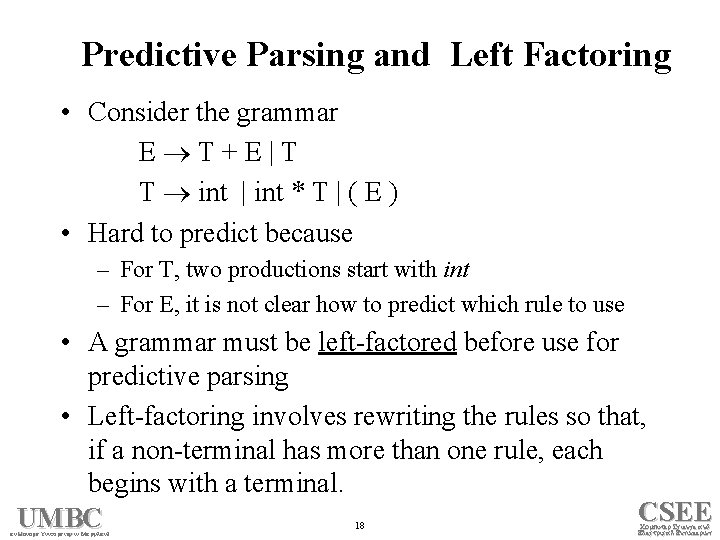 Predictive Parsing and Left Factoring • Consider the grammar E T+E|T T int |