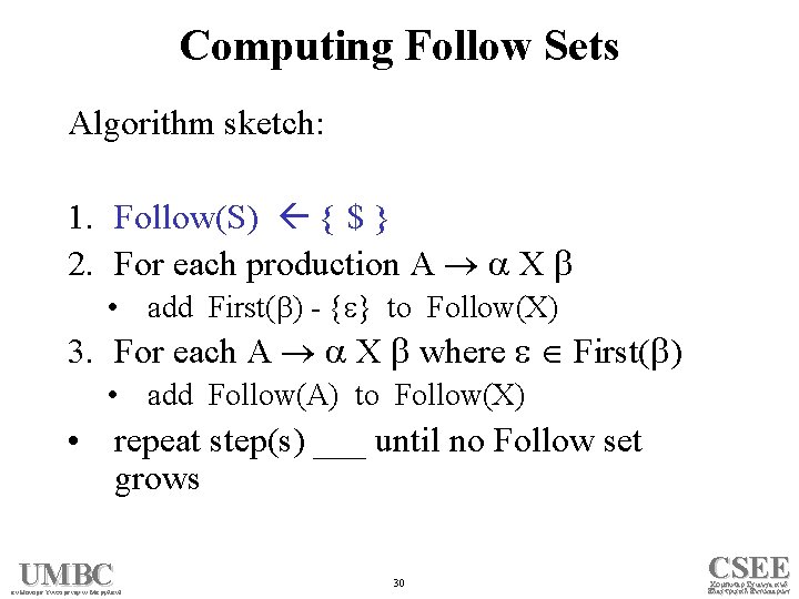 Computing Follow Sets Algorithm sketch: 1. Follow(S) { $ } 2. For each production