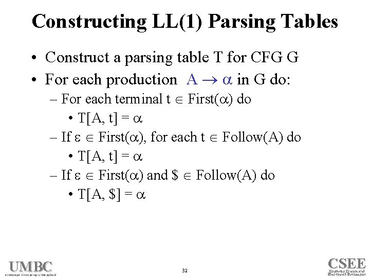 Constructing LL(1) Parsing Tables • Construct a parsing table T for CFG G •