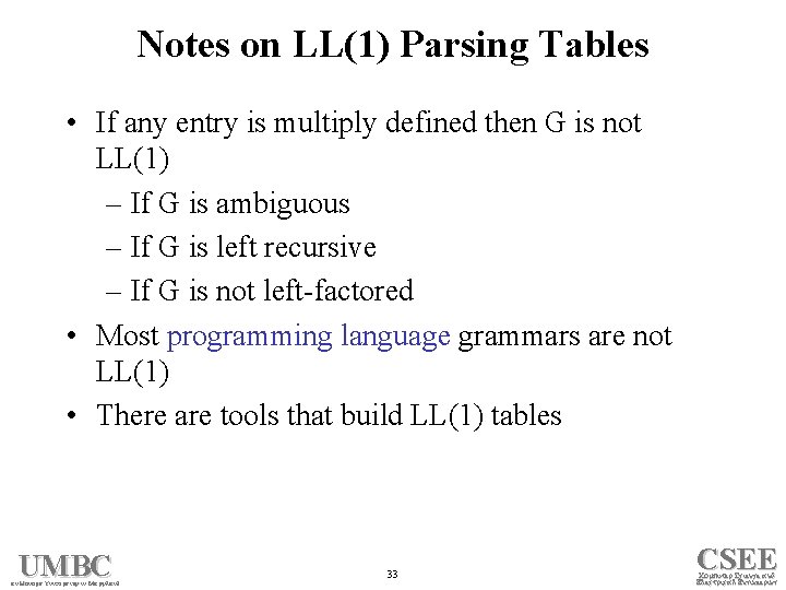 Notes on LL(1) Parsing Tables • If any entry is multiply defined then G
