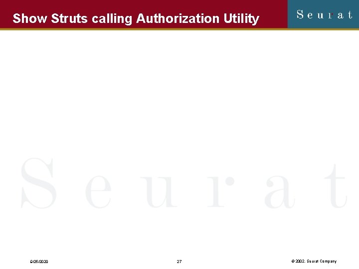 Show Struts calling Authorization Utility 9/25/2020 27 © 2002, Seurat Company 