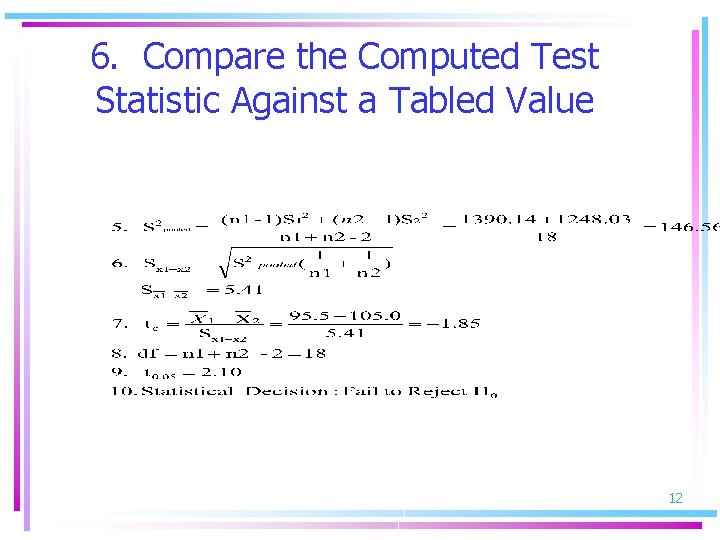 6. Compare the Computed Test Statistic Against a Tabled Value 12 