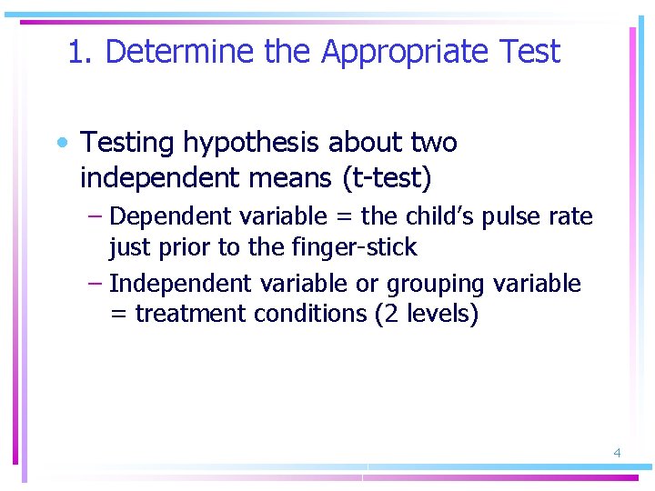 1. Determine the Appropriate Test • Testing hypothesis about two independent means (t-test) –