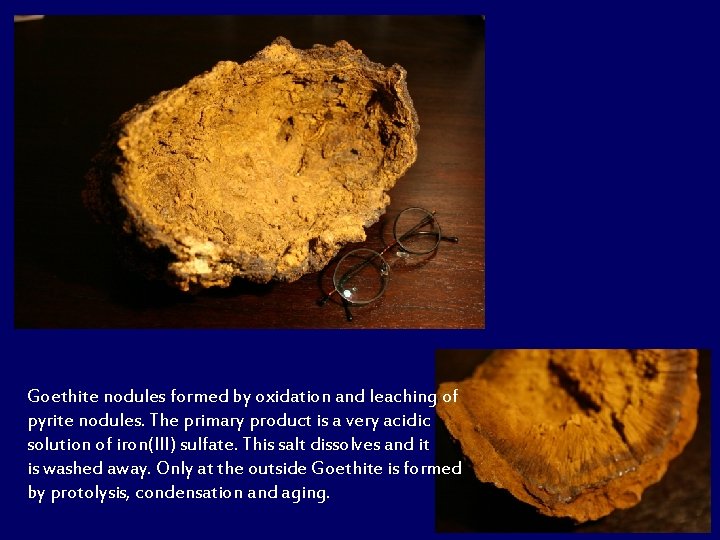 Goethite nodules formed by oxidation and leaching of pyrite nodules. The primary product is
