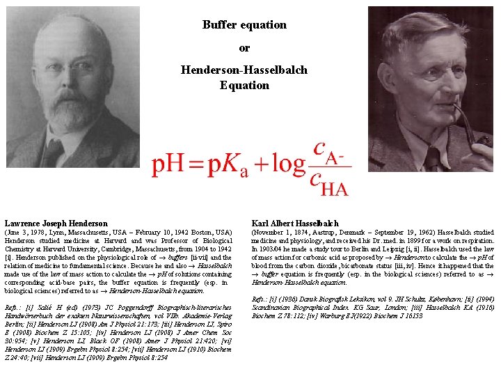 Buffer equation or Henderson-Hasselbalch Equation Lawrence Joseph Henderson Karl Albert Hasselbalch (June 3, 1978,