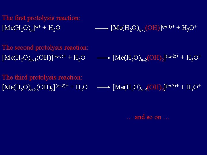 The first protolysis reaction: [Me(H 2 O)n]m+ + H 2 O [Me(H 2 O)n-1(OH)](m-1)+