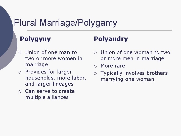 Plural Marriage/Polygamy Polygyny ¡ ¡ ¡ Union of one man to two or more