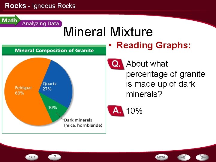 Rocks - Igneous Rocks Mineral Mixture • Reading Graphs: – About what percentage of