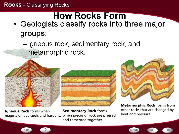 Rocks - Classifying Rocks How Rocks Form • Geologists classify rocks into three major