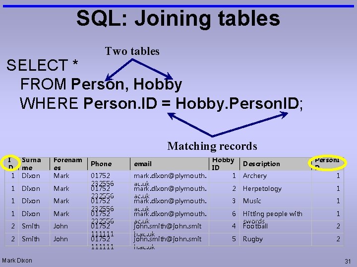 SQL: Joining tables Two tables SELECT * FROM Person, Hobby WHERE Person. ID =
