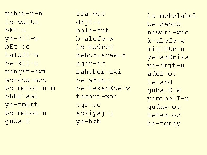 mehon-u-n le-walta b. Et-u ye-kll-u b. Et-oc halafi-w be-kll-u mengst-awi wereda-woc be-mehon-u-m bh. Er-awi