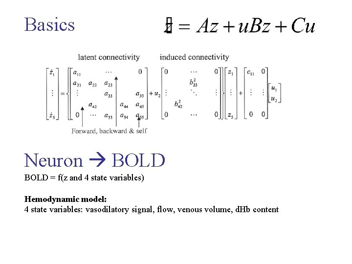 Basics Neuron BOLD = f(z and 4 state variables) Hemodynamic model: 4 state variables: