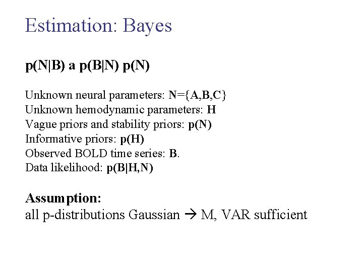 Estimation: Bayes p(N|B) a p(B|N) p(N) Unknown neural parameters: N={A, B, C} Unknown hemodynamic