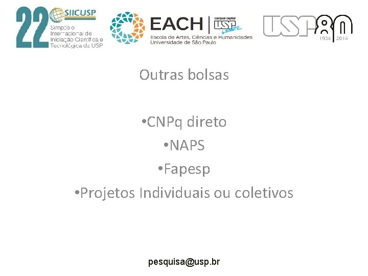 Outras bolsas • CNPq direto • NAPS • Fapesp • Projetos Individuais ou coletivos